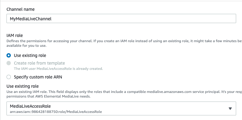 Creating channel in MediaLive