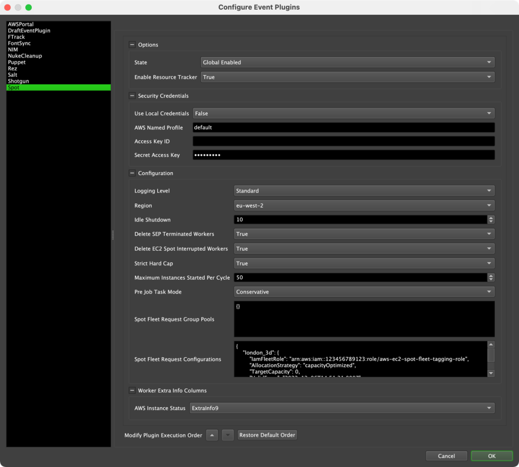 Deadline’s Spot Event Plugin configuration options dialog with typical settings applied