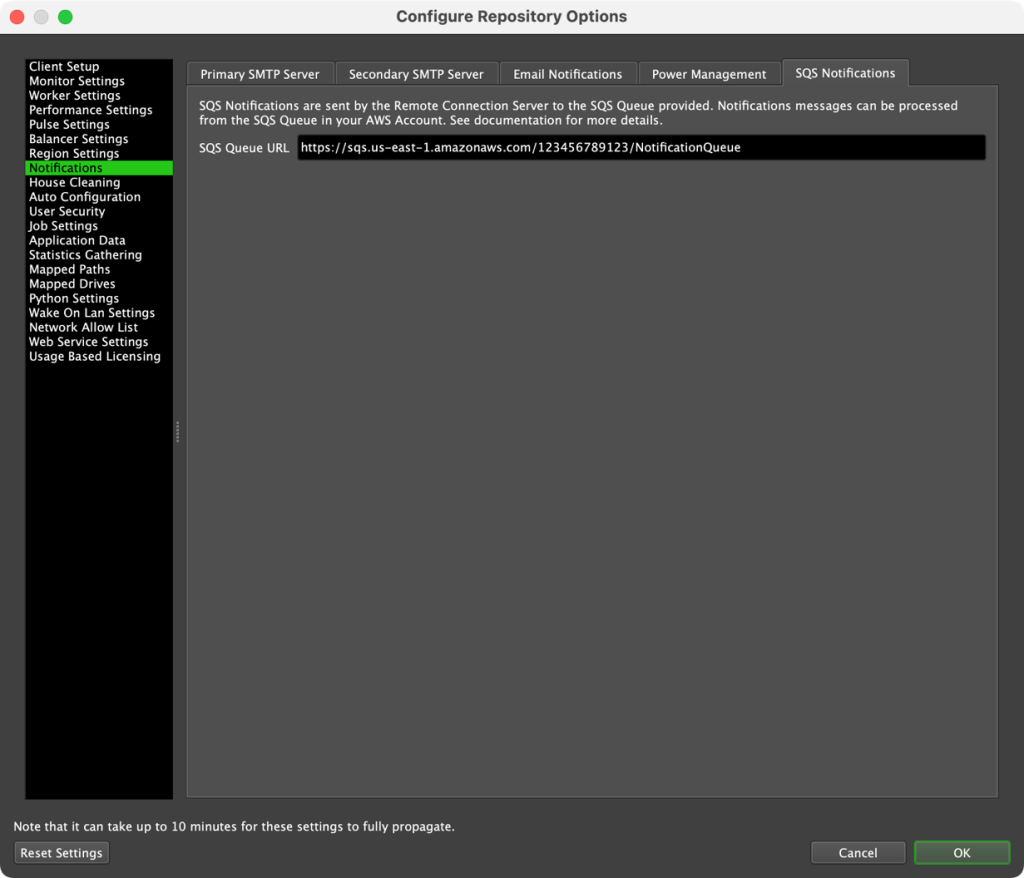 A screenshot of Deadline's Configure Repository Options, with Notifications and then SQS Notifications selected, showing where to configure the SQS queue in Deadline Monitor's user interface