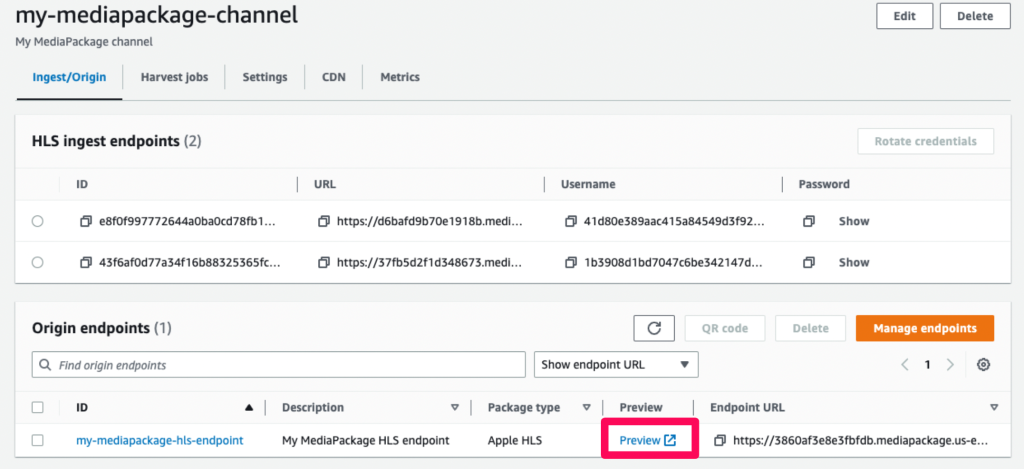 MediaPackage channel created via CloudFormation. Click 'Preview' for review.