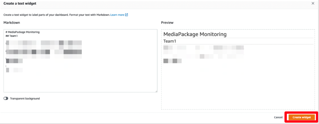Create a text widget for AWS Elemental MediaPackage and enter your statement