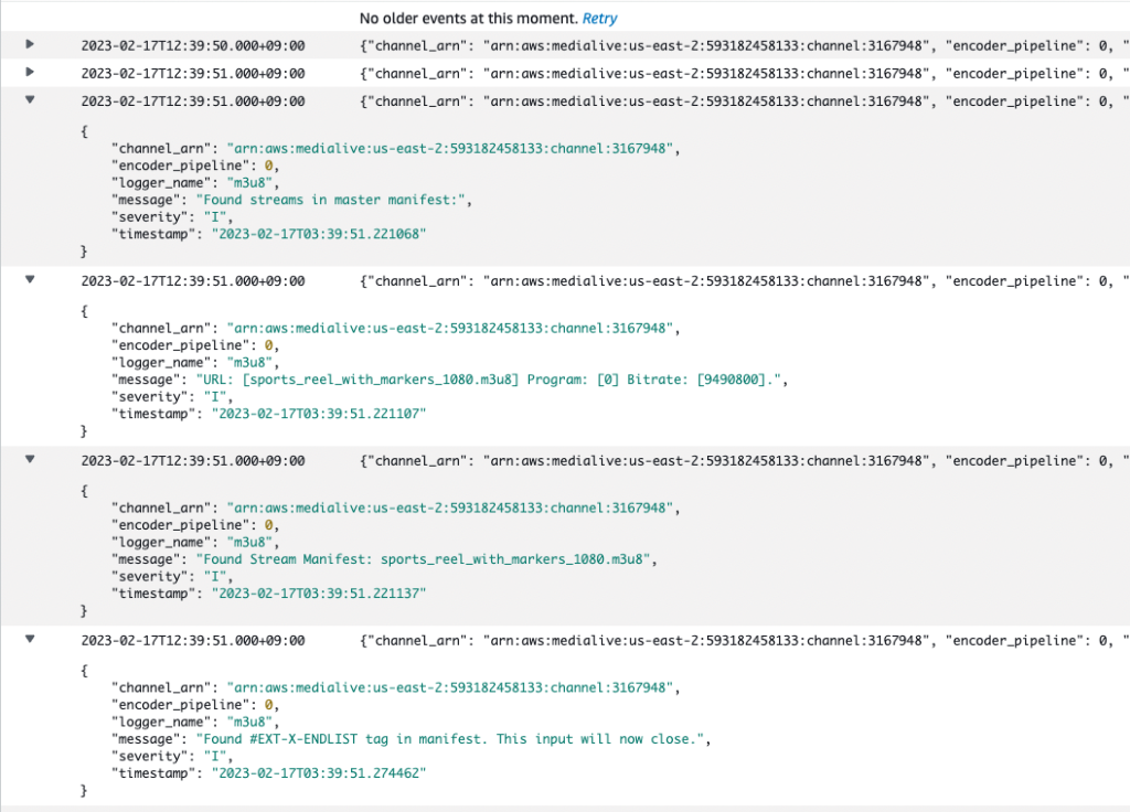 Log examples (1) probing input media, (2) found master manifest (check the path to M3U8 file), and (3) activity logs by pipeline and events at specific points in time.