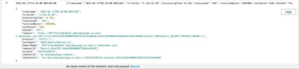 Example of MediaPackage logs