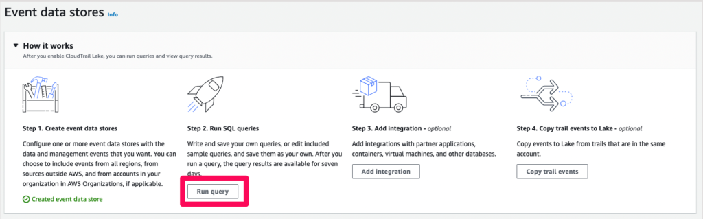 Click Run query to use AWS CloudTrail Lake.