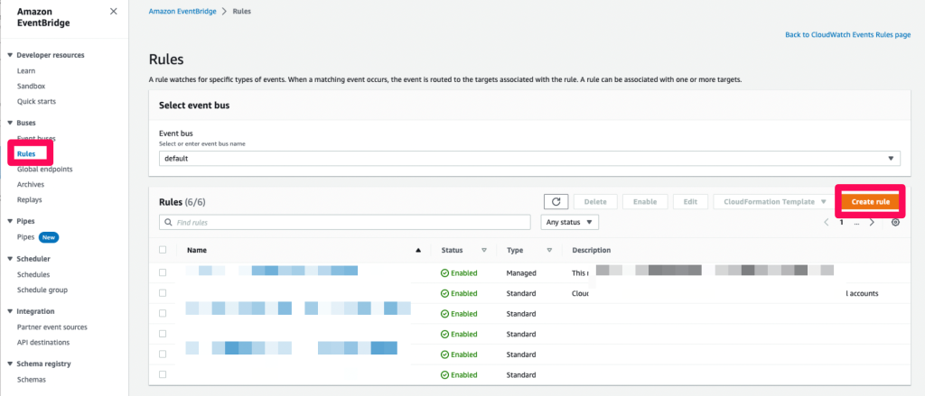 Go to AWS Management Console → CloudWatch → Events → Rules. (This directs you to Amazon EventBridge, a serverless service that uses events to connect application components together.)