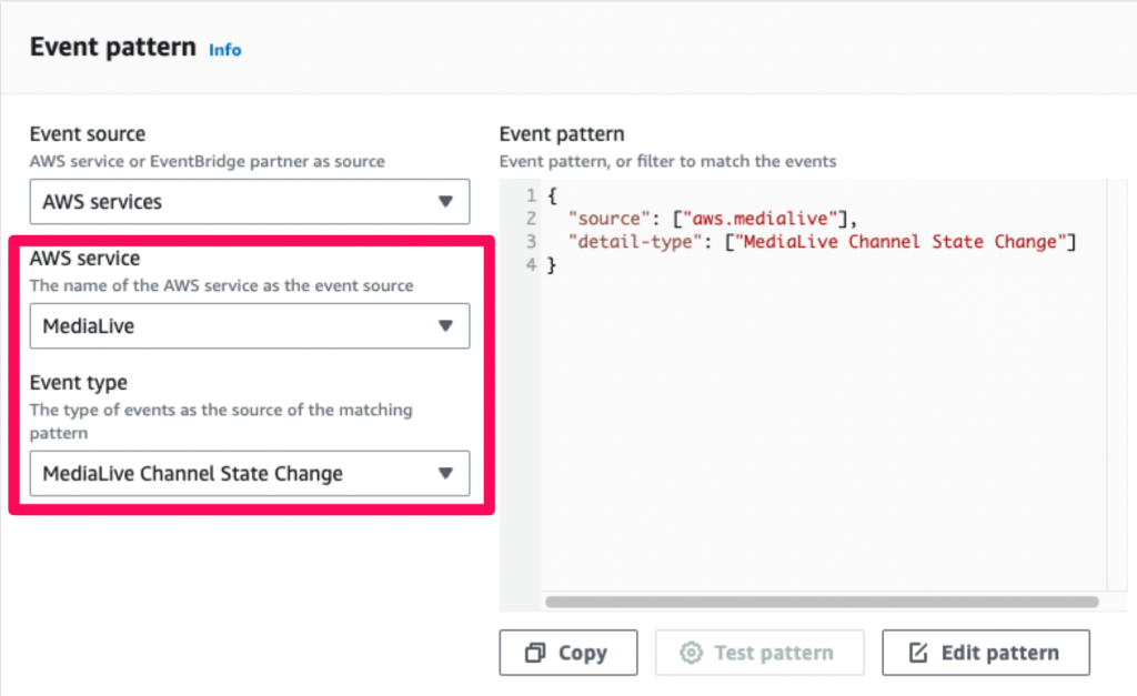 Choose MediaLive for AWS service and choose MediaLive Channel State Change for event type.
