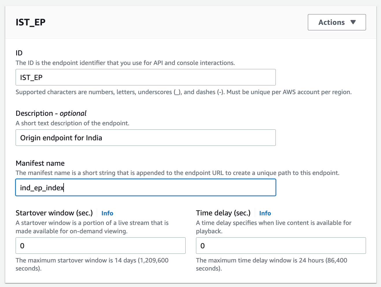 Origin endpoint configuration in mediapackage channel