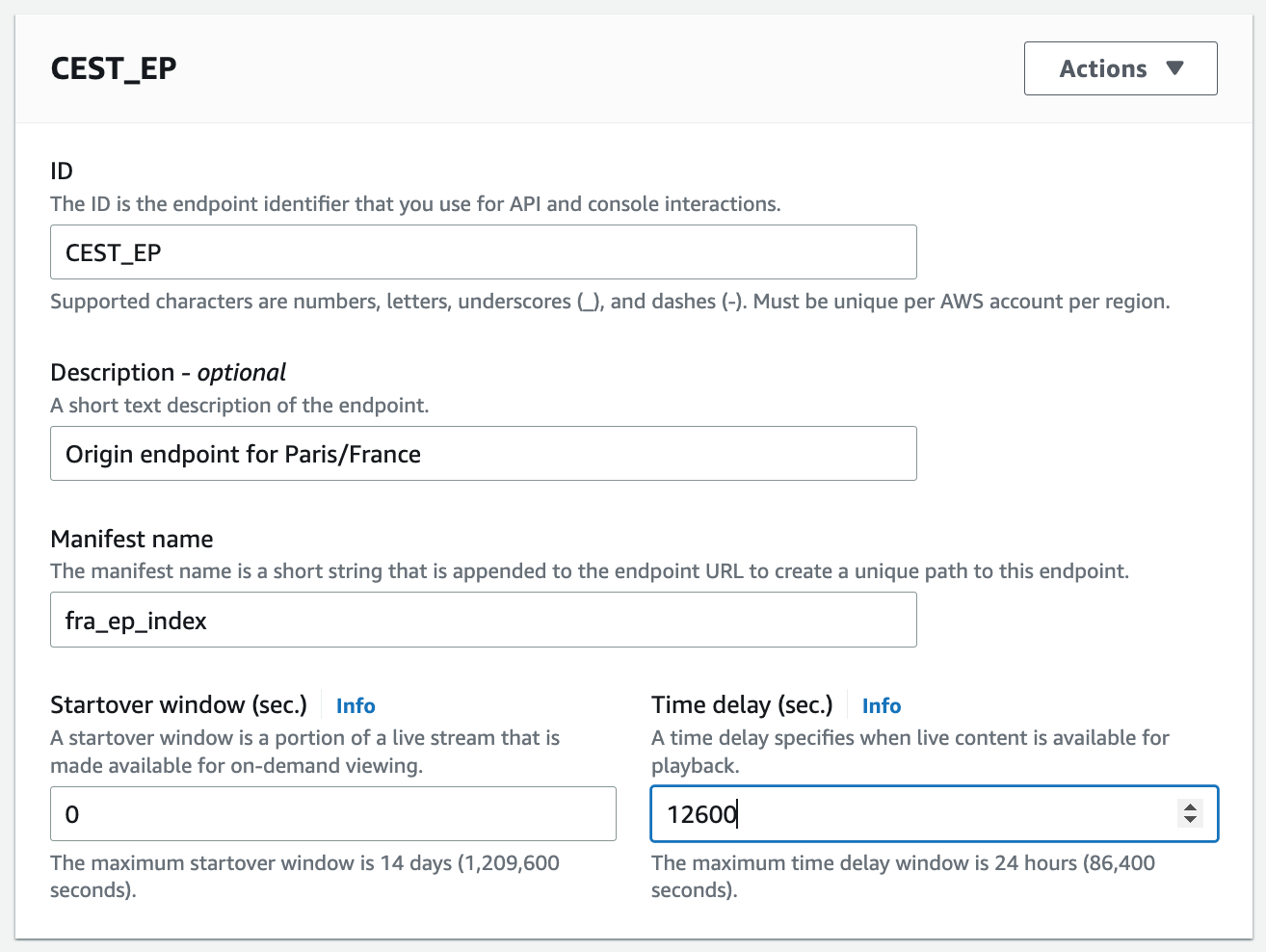 Origin endpoint configuration in mediapackage channel