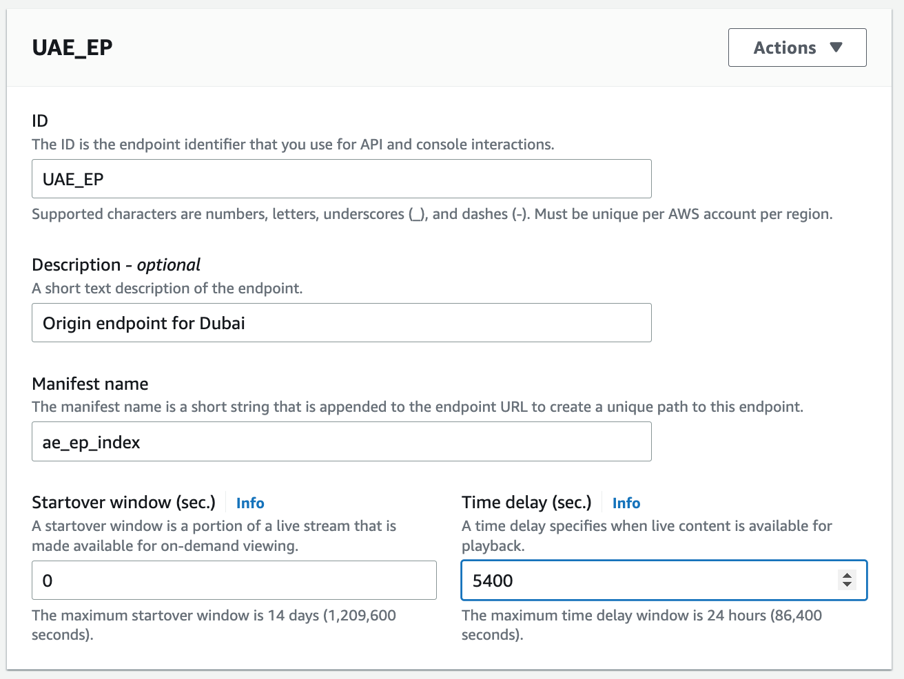 Origin endpoint configuration in mediapackage channel