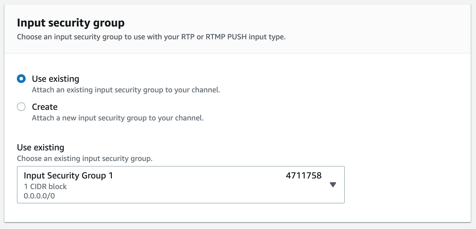 Security group configuration for MediaLive input.