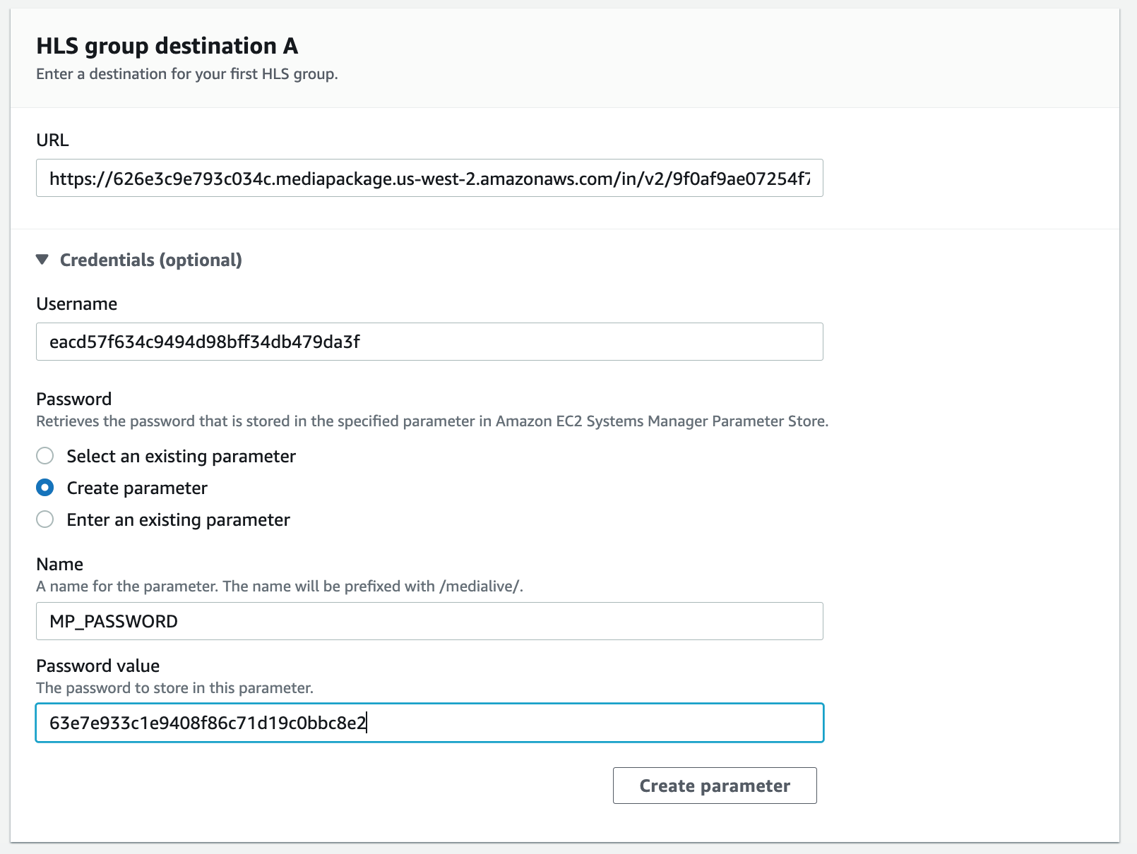 HLS Group Destination configuration for MediaLive channel.