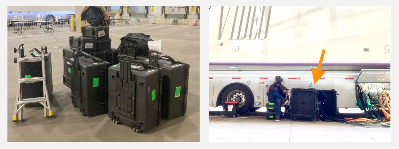 A side-by-side comparison of remote shipping gear compared with a traditional outside broadcast (OB) truck. A photo of the shipped hardware resting beneath a traditional OB production truck for comparative size in equipment required to transport to the venue.