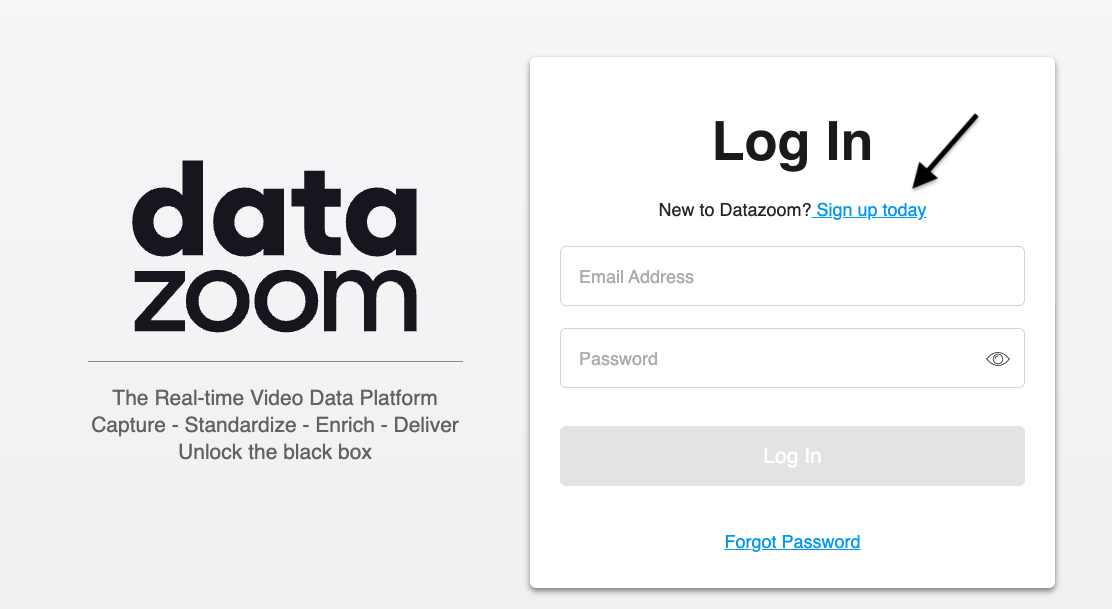 Datazoom log in screen