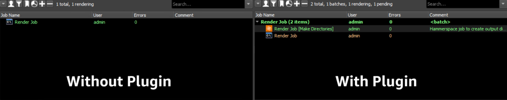Figure 7: On the left, a single Deadline job is shows in the Deadline Monitor window. It is called ‘Render Job’. On the right, a batch job also named ‘Render Job’ is shown. It contains two jobs called ‘Render Job [Make Directories]’ and ‘Render Job’