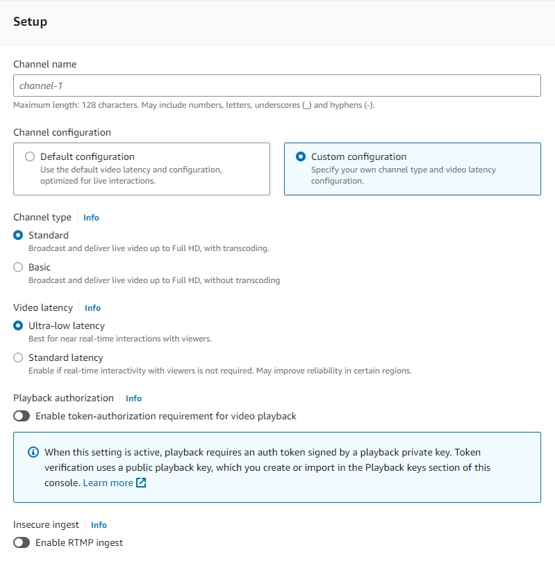 Amazon IVS Console, channel setup