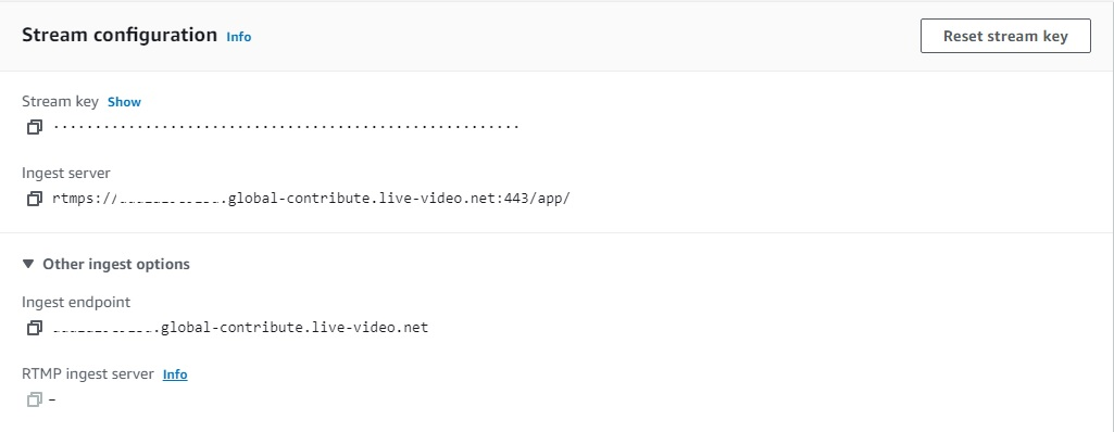 Amazon IVS Console, ingest endpoints