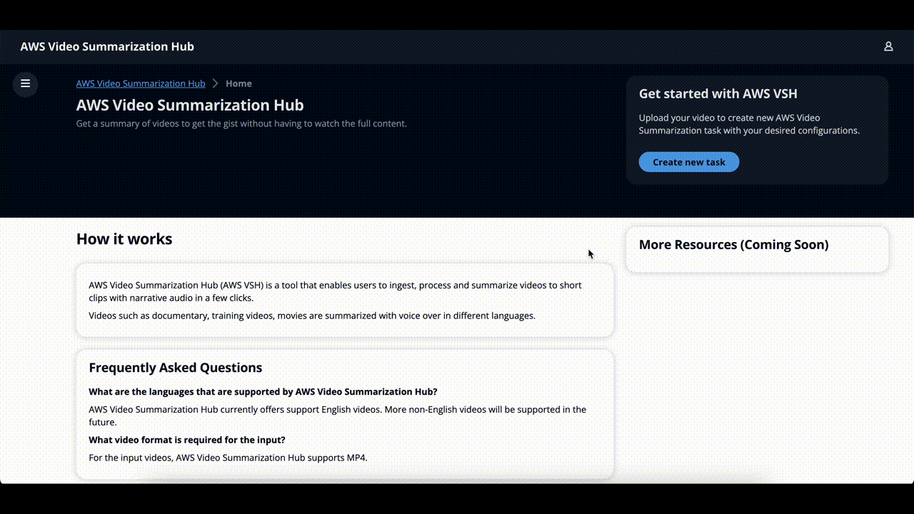The user interface of the video summarization workload.