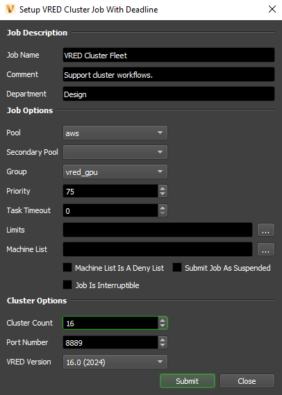 Figure 3: A panel from the Deadline Monitor, allowing one to define a render job for distributed Worker rendering via the VRED Clustering mechanism.