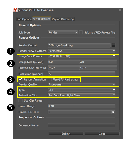 Figure 4: The updated ‘Submit VRED to Deadline’ interface, showing extended functionality and user interface options. These include support for GPU-based raytracing, choice of viewpoints or camera views, image dimensions and resolutions, support for animation clips, and the ability to manually or automatically determine animation clip ranges.