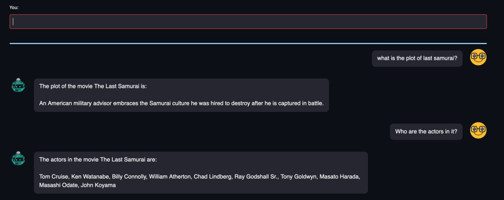 Generated chat interface for the same sample question.