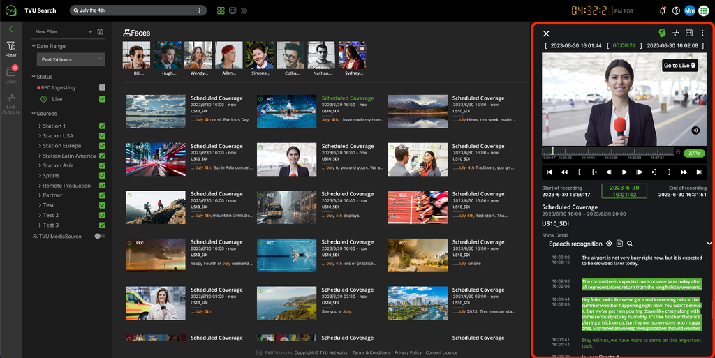 The speech recognition panel displays the transcript generated by TVU Search AI