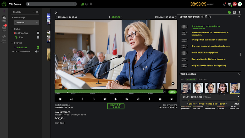 A user can easily navigate to the exact timestamp in a video by clicking on faces from a thumbnail display.