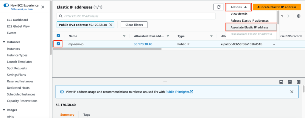 Select the Elastic IP you created and then associate it with the Minecraft server instance. It will be an option in the dropdown from "actions".