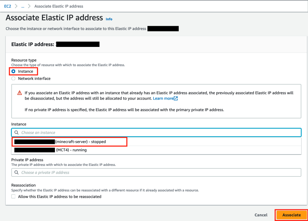 Select your Minecraft server instance in the Associate Elastic IP address menu.