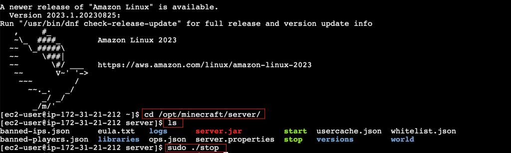 In the EC2 Instance Connect terminal, type in these commands in order: "sudo su", "cd /opt/minecraft/server/", "ls", and "./stop".