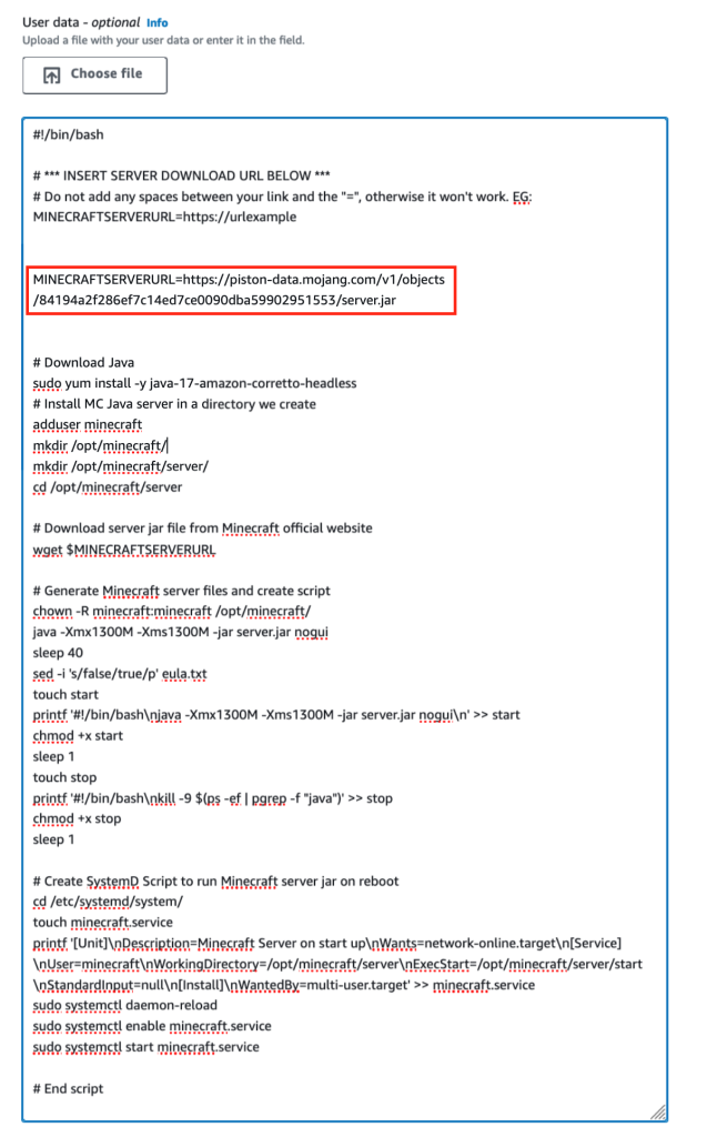 User data field contains the script from above. The MINECRAFTSERVERURL= field is filled with the Minecraft server jar link from the Minecraft website.