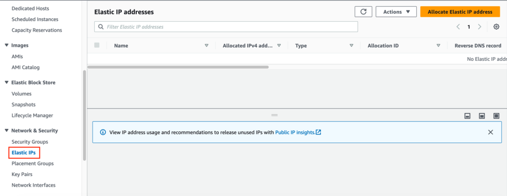 On the left task bar of the EC2 dashboard, select Elastic IPs.