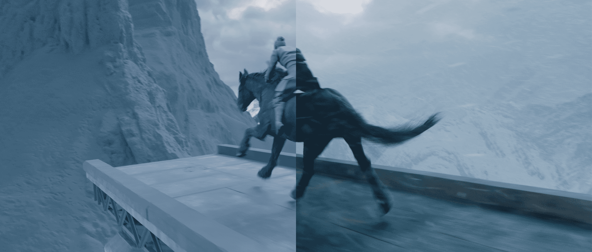Split-screen VFX scot of a person on a horse