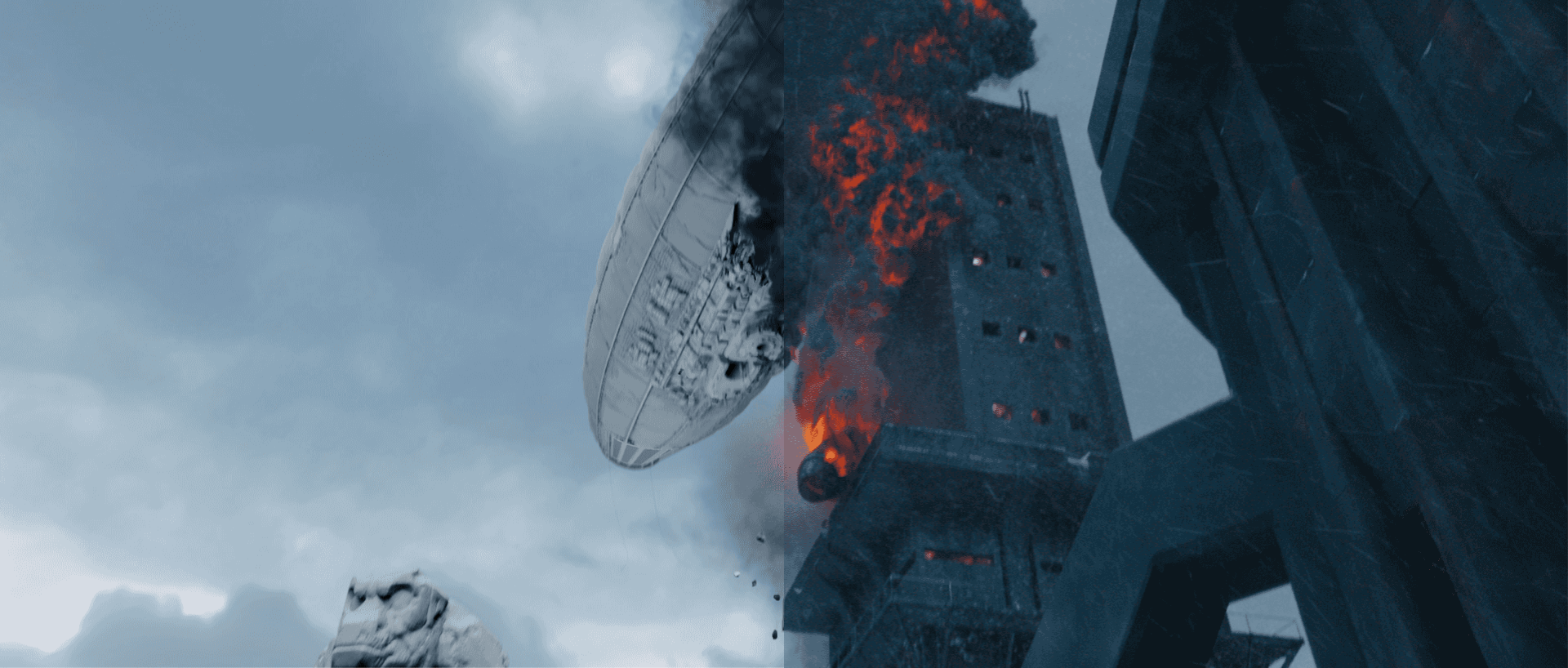 Split-screen VFX shot of an airship