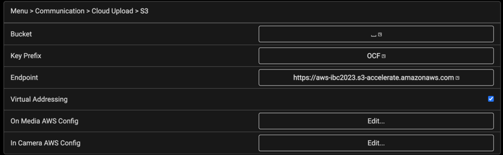 Configuration menu displaying S3 acceleration settings.