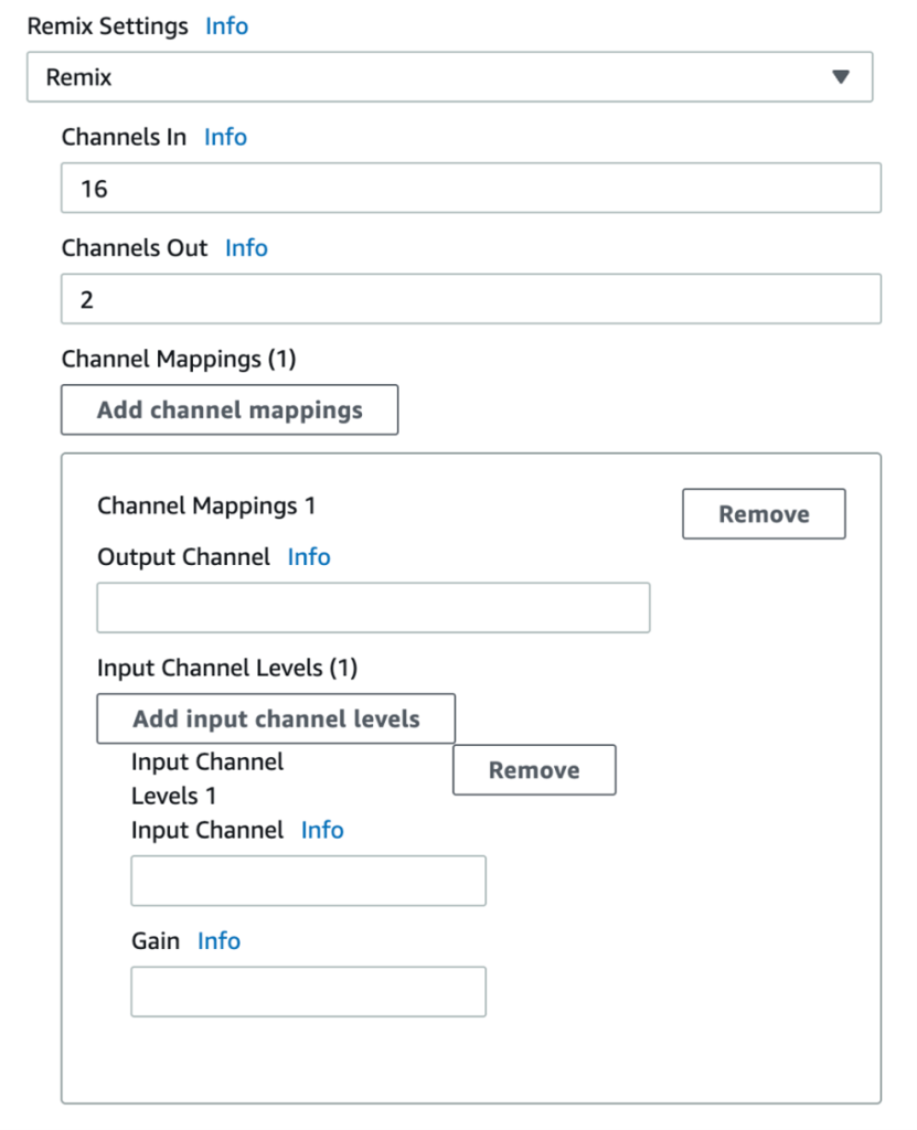 This shows the output section where you can find the remix settings details fields including Number Channels IN and OUT, Channel Mappings for outputs and input and gain.