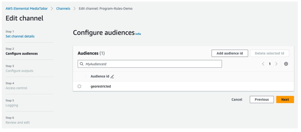 AWS Console for MediaTailor showing configuring audiences in a text form