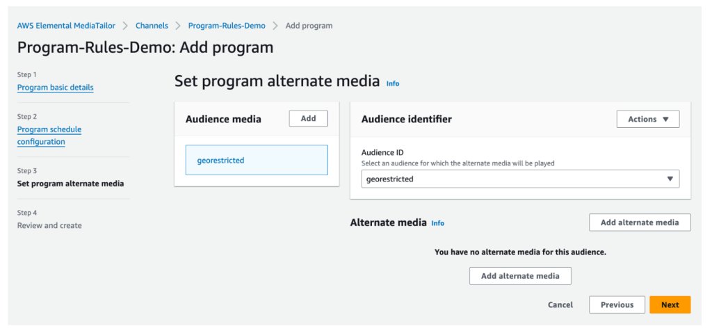 AWS Console for MediaTailor showing configuring audience ID.