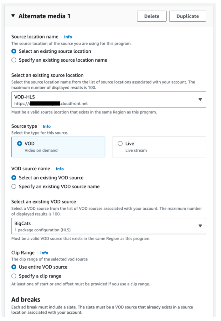 AWS Console for MediaTailor showing updating alternate media for program rule.