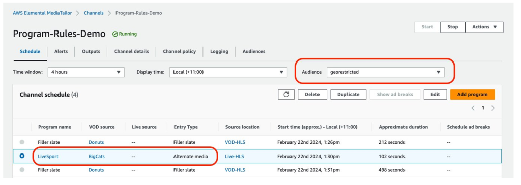 AWS Console for MediaTailor showing channel schedule and a dropdown list of audiences to filter the schedule per audience.