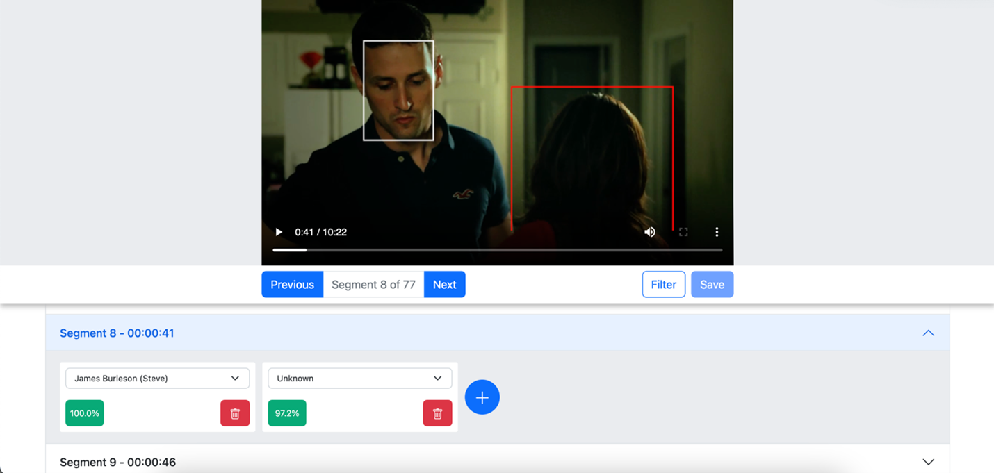 Screenshot from a web application that utilizes the results produced by the video processing workflow. It shows a frame of the video where an actor faces the camera and an unidentified person faces away from camera. There are bounding boxes surrounding the actor’s face and the outline of the unidentified person.
