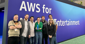 Six AWS Content Production team members holding an NAB Product of the Year Award