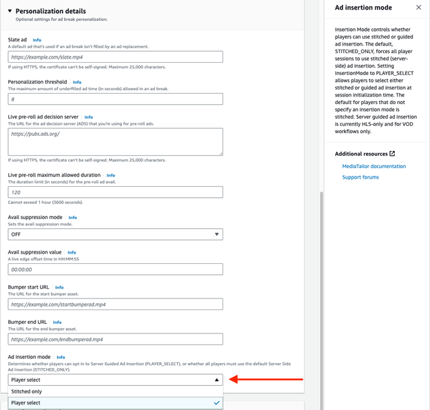 Image demonstrating how to enable SGAI mode on a MediaTailor playback configuration from the AWS Console.