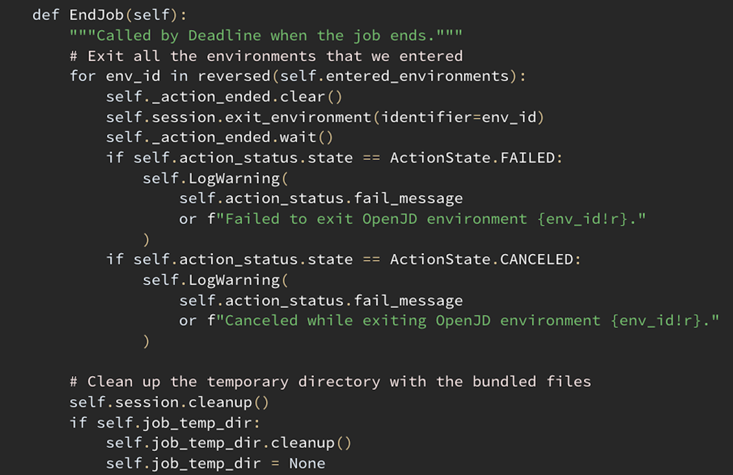 Code snippet showing the EndJob method from the OpenJD plugin for Thinkbox Deadline 10. This method is called when the rendering job ends. It checks for failed or canceled job states and logs warning messages accordingly, cleans up temporary directories, and resets relevant variables in preparation for the next job.