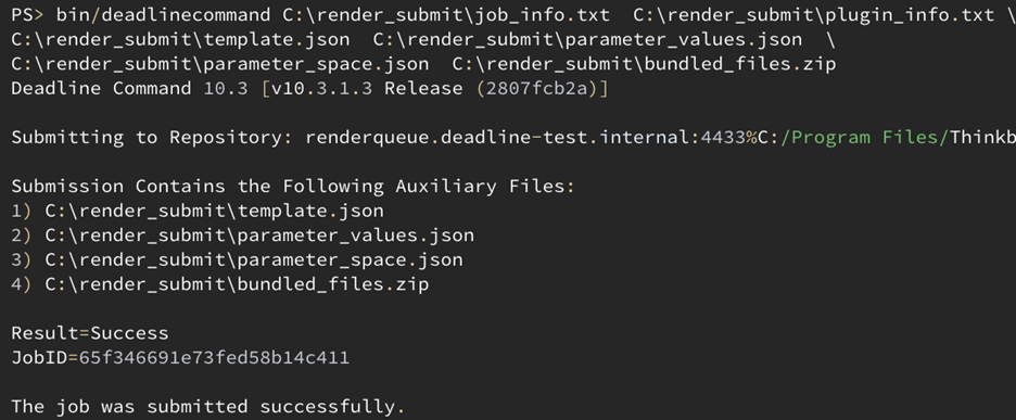 Output from a terminal window displays the files being submitted, including job information, plugin information, the job template JSON, parameter values JSON, and a bundled ZIP file. The output indicates the job submission was successful and provides the job ID assigned by the Deadline repository.