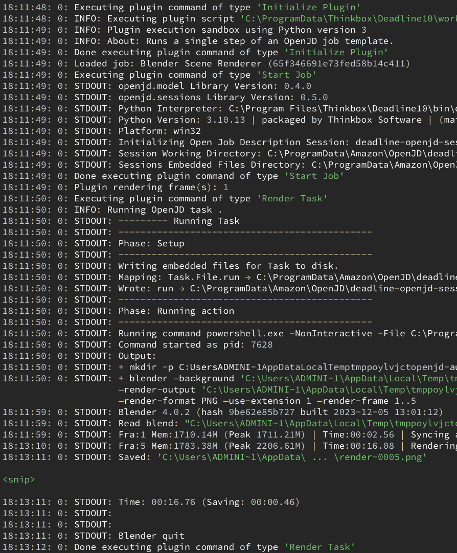 Terminal output showing the execution of an OpenJD job that was submitted to the Thinkbox Deadline 10 render farm. It logs the initialization of the custom OpenJDPlugin, job setup, entering the job environment, writing embedded files, and then running the actual rendering command which is a Blender background render job.