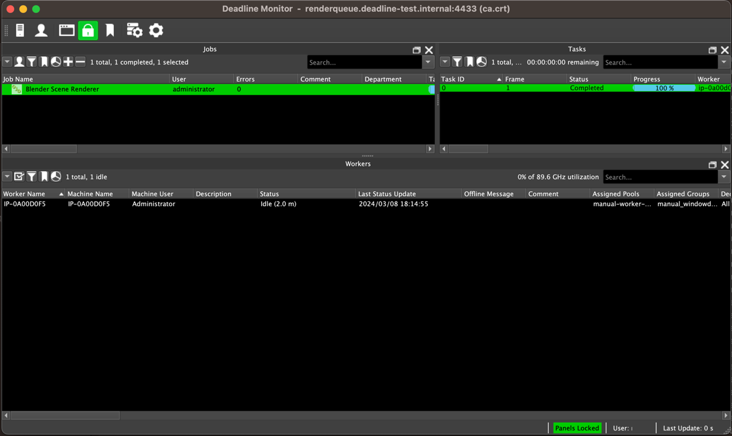 Deadline Monitor application's user interface, which displays information about currently running jobs and tasks on the render farm. The "Tasks" panel lists a task for the job named "blender Scene Renderer".