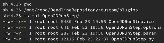 Terminal window with a command prompt navigating to the "/mnt/repo/DeadlineRepository/custom/plugins" directory, listing the contents of the "OpenJDRunStep/" subdirectory, and displaying information about several files, including "OpenJDRunStep.ico", "OpenJDRunStep.py", and "OpenJDRunStep.param" confirming successful installation of the prototype Open Job Description plugin files.