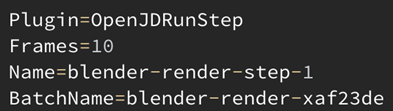 Text file named "job_info.txt" containing metadata and settings for a job to be submitted to the Thinkbox Deadline 10 software. It specifies the plugin to use as "OpenJDPlugin", sets the name and batch name for the job, and provides a value of 10 for the "Frames" parameter.