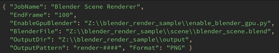 Contents of a JSON file named "parameter_values.json" including key-value pairs that represent parameter values for a job template. Parameters shown include "BlenderFile", "OutputDir", and "OutputPattern" with corresponding file paths or patterns specified.