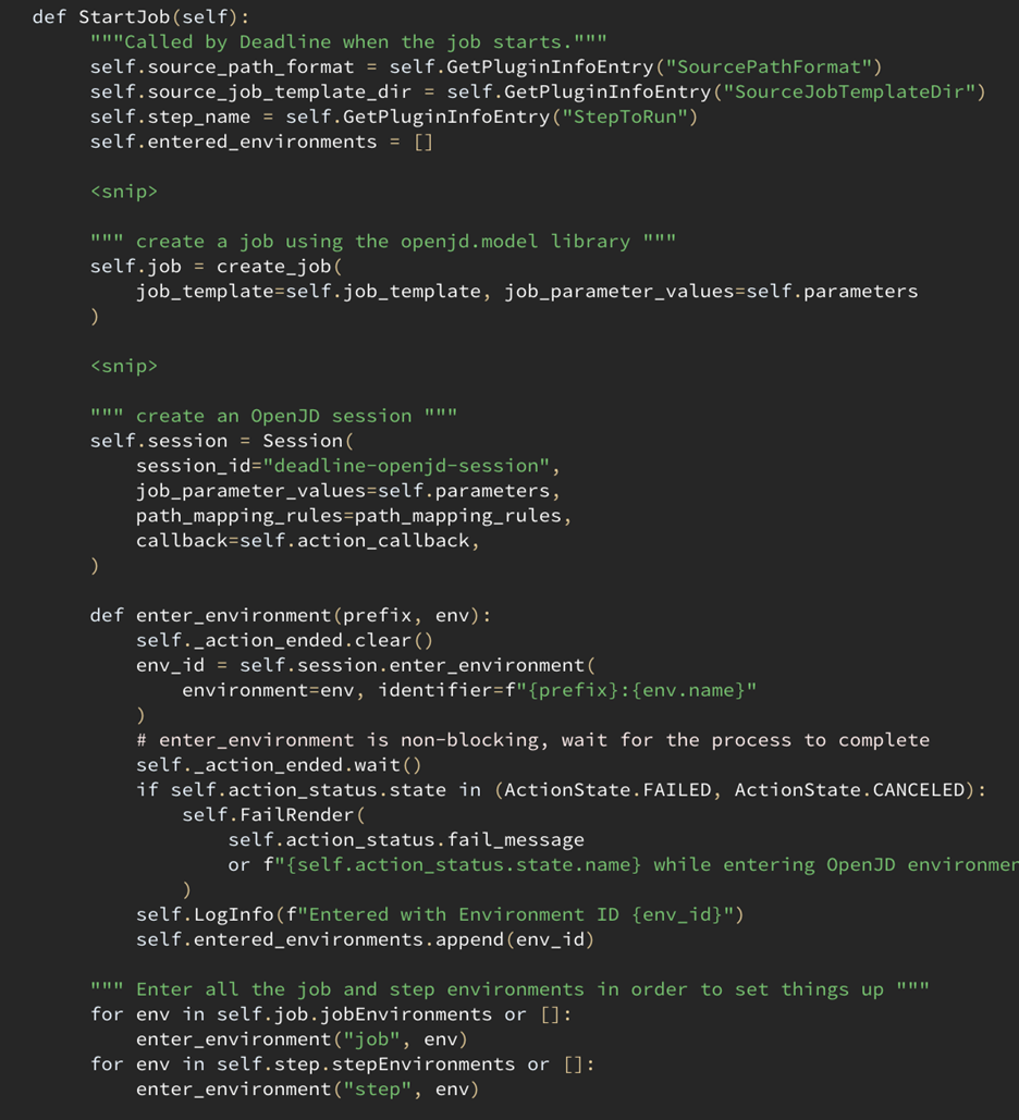 Python code snippet from the prototype OpenJD plugin for Thinkbox Deadline 10. The code defines functions like StartJob, enter_environment, and methods to create an OpenJD session, enter job/step environments, and handle environment variables and actions.